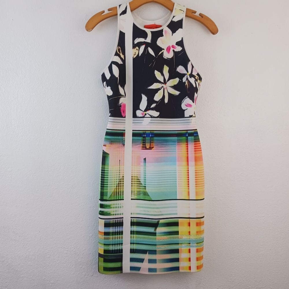 Clover Canyon Rainbow Garden Plaid Neoprene Dress Medium Floral Bodycon size S